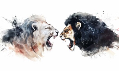 Duality versus concept art. Two lions facing each other in attack roar expression. White lion versus black lion. Conflict. Good and evil. 