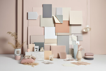 Designer mood board with materials and color swatches in soft pastel neutral colors