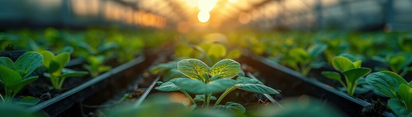 Young plants growing in a greenhouse at sunrise, bathed in warm sunlight, symbolizing growth and sustainability.