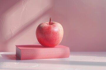 a red apple on a red book against pink wall. Healthy lifestyle concept