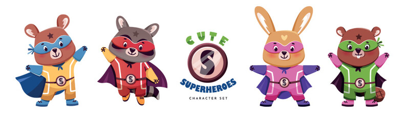 Cute animals superheroes. Bear, raccoon, rabbit and beaver. Set of characters in superhero costumes on a white background.