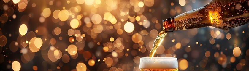 Obraz premium Close-up of golden beer being poured into a glass with a festive bokeh light background, capturing the essence of celebration and refreshment.