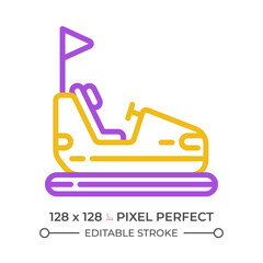 Carnival bumper cars pixel perfect two color line icon. Fairground autodrome, go carts. Amusement ride bicolor outline symbol. Duotone linear pictogram. Isolated illustration. Editable stroke