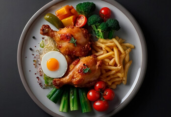 Tender, golden-brown chicken, perfectly seared and paired with a colorful array of fresh, vibrant vegetables. The dish is elegantly arranged on the plate, showcasing the succulent chicken and crisp ve