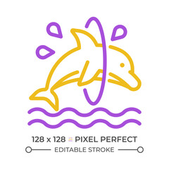 Fototapeta premium Dolphin trick pixel perfect two color line icon. Jumping through hoop. Dolphinarium. Acrobatic entertainment bicolor outline symbol. Duotone linear pictogram. Isolated illustration. Editable stroke