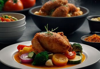 Tender, golden-brown chicken, perfectly seared and paired with a colorful array of fresh, vibrant vegetables. The dish is elegantly arranged on the plate, showcasing the succulent chicken and crisp ve
