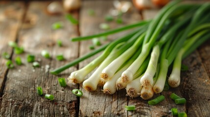 Bunch of fresh green onions on rustic wooden table, organic gardening and healthy eating concept