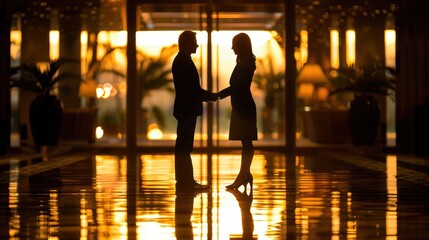 A couple holding hands and standing in an elegant interior, silhouetted against a beautiful, warm sunset light.