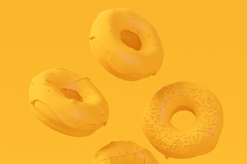 Chocolate glazed donut with sprinkles on plain monochrome yellow color