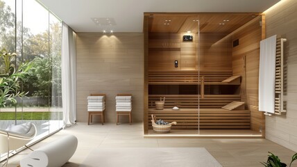 Fototapeta premium Modern, luxurious home sauna with wooden interior and large glass window, surrounded by clean, minimalist decor and natural light.