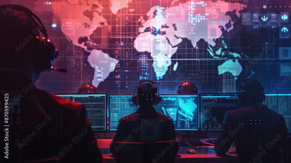 Poster cybersecurity team monitoring global network