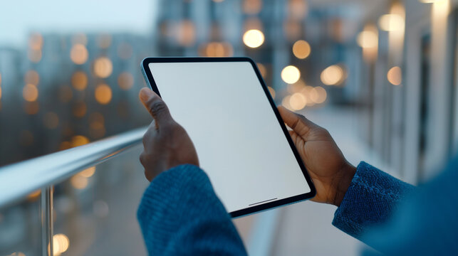 hands in sleek blue suit jacket holding black tablet iPad Pro mockup vertical with white blank screen, with a modern rooftop bar and city lights  background