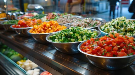 Obraz premium A vibrant salad bar featuring a variety of fresh vegetables, chopped and displayed in metal bowls, ready for serving.