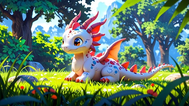Cute Adorable Little Dragon in Green Field 3D Digital Artwork