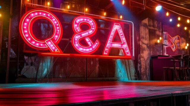 Vibrant Neon Q&A Sign Illuminated Stage with Spotlights and Festive Bunting for Live Interactive Question and Answer Event Forum