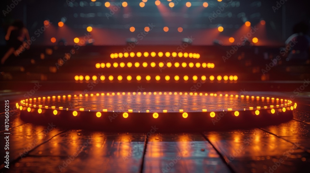 Aufkleber a stage with circular steps illuminated by rows of warm orange lights, creating a dramatic and invit