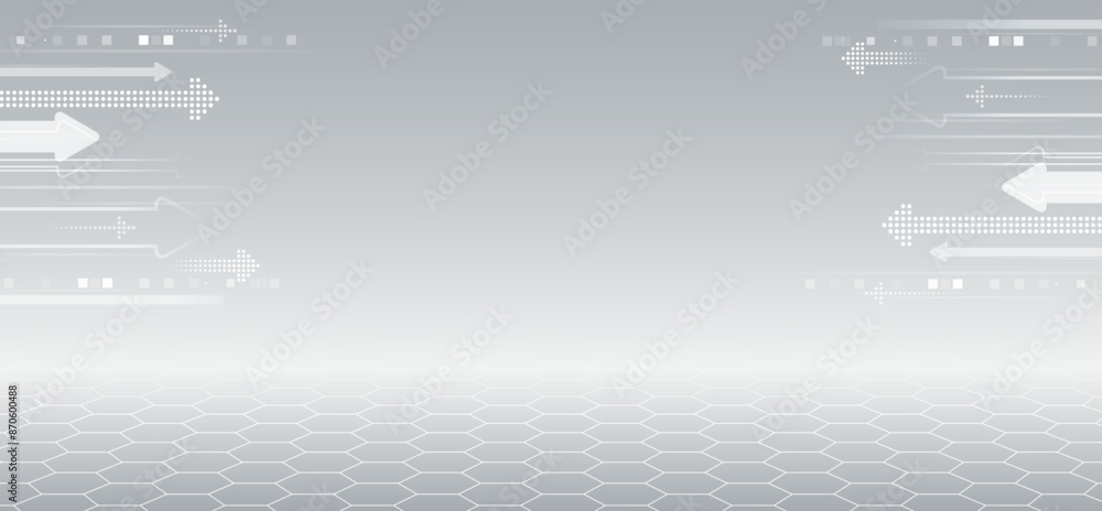 Poster Modern vector scientific presentation. Abstract hexagons, futuristic concept in perspective. Data transfer and protection, internet communication on gray background. High computer technology design.