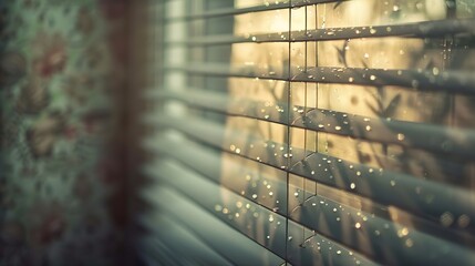 Tranquil Raindrops: Close-up of Rain-Splattered Window Blinds Creating Soft Shadows on Faded Wallpaper