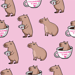 Pattern with capybara with cap. Background for textile, fabric, stationery, wrapping paper, pajamas and other design.