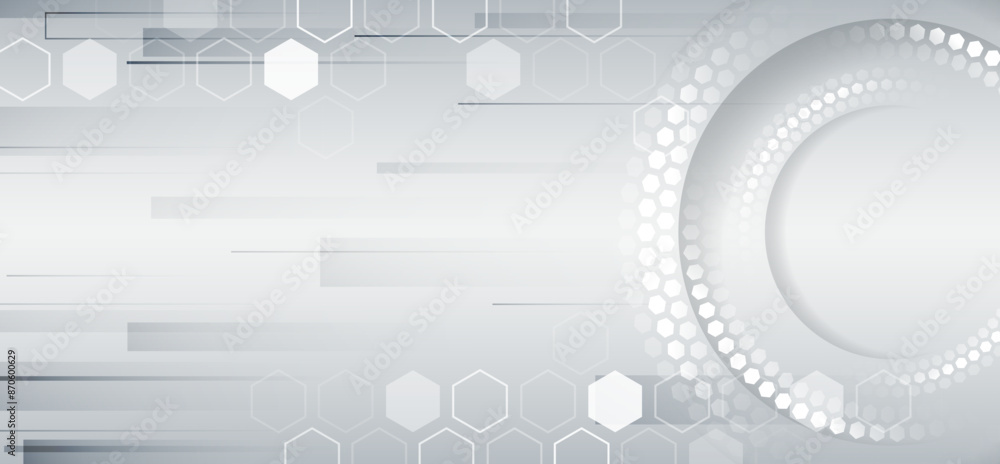 Poster High-tech computer design. Modern data protection presentation. Abstract futuristic concept. Data transfer and protection, internet connection on grey hexagonal background.