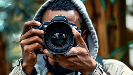 world photography day. man hand holding camera looking through lens. ai generated