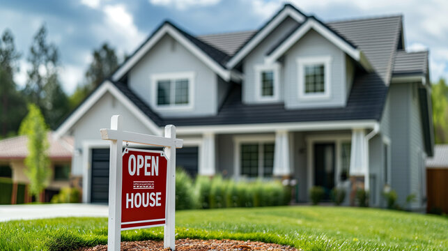 Open House sign in front yard of two story house for sale in neighborhood