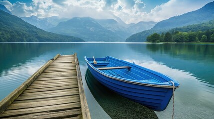 Calm setting of a blue wooden boat by a wooden dock, overlooking a lake and mountains