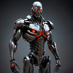 A menacing cyborg stands tall, its metal frame twisted and jagged, emitting a faint ominous glow. The figure is a concept art line drawing, showcasing intricate details and sharp edges.
