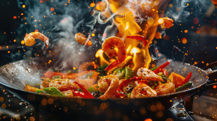 Close up of fire coming out from a wok with shrimp, vegetables and noodles being thrown into it