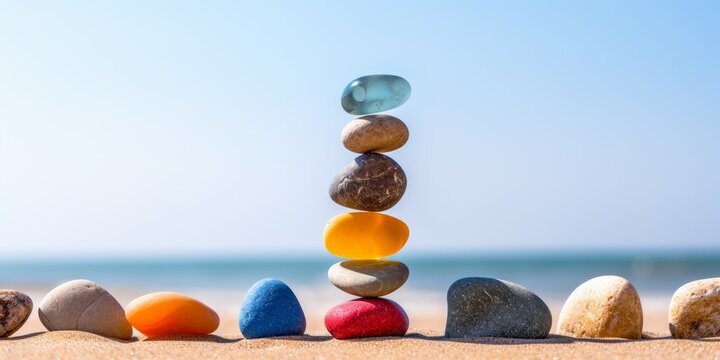 Balanced stack of colorful stones on a beach, pebble concept