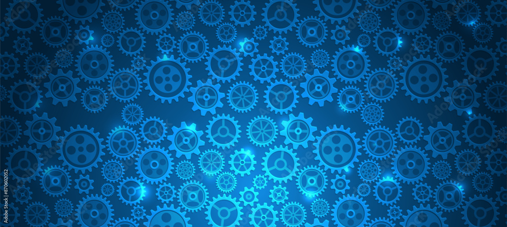 Poster The mechanism consisting of gears on a blue background for the presentation. Cogwheel for science experiment presentation. Futuristic high tech concept. Business and industry internet banner.