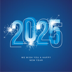 Happy New Year 2025 line and bold light blue shining typography with sparkle firework on blue isolated background icon logo