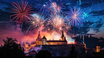 Illuminating the Past: Vibrant Fireworks Light Up Ancient Castle with Festive Splendor