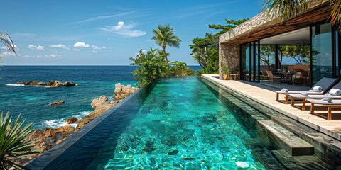 A luxurious waterfront villa in the tropics with turquoise pool, and serene seascape.