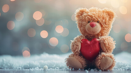 Fototapeta premium A cute teddy bear holding a red heart sits in a snowy setting with warm, bokeh lights in the background, symbolizing love.