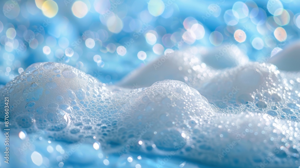 Poster macro shot of soap bubbles on blue water, creating a mesmerizing and sparkly effect with bokeh light