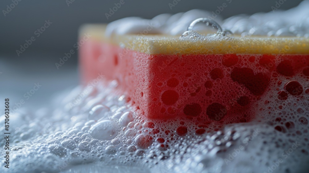 Poster macro shot of a red sponge covered in soap bubbles, highlighting texture and cleanliness in a home s