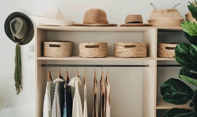 minimalist boho-style closet with beige wood shelves and woven baskets, green plant wall behind, neutral tones in aesthetic wide shot