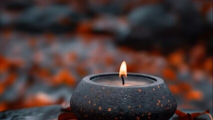 candle burning outside in autumn with orange leaves on the ground. 