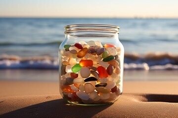 Jar of beach sea glass colorful vibrant pebbles on sand ocean background concept