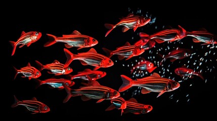 A mesmerizing school of Cardinalfish, their bodies glowing with neon red stripes, swimming in a synchronized dance