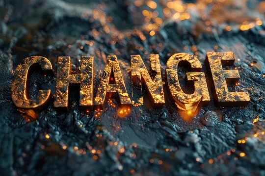 A bold image of the word Change with a reflective golden texture on a dark background