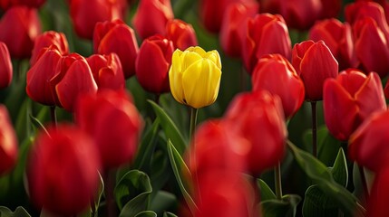 A close-up shot of a lone yellow tulip blooming amidst a field of red tulips