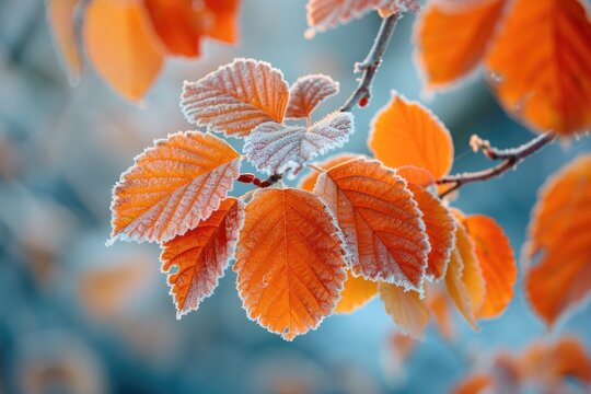 Frost-covered autumn leaves in vivid shades of orange with a delicate touch of frost.