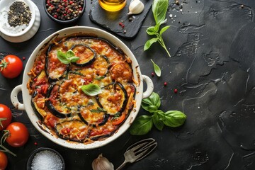 Eggplant casserole with cheese and tomato sauce in a white baking dish on a black background with ingredients for cooking. Vegetarian healthy food