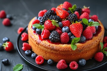 Delicious cake topped with fresh berries, including strawberries, raspberries, and more.