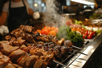 Naklejka premium Catering buffet food indoor in restaurant with grilled meat.
