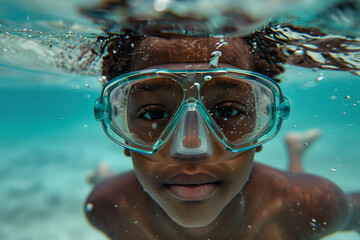 Naklejka premium Young Boy Wearing Swimming Goggles Under Water In Blue Lagoon