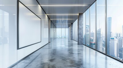Modern glass office corridor interior with blank mock up place on wall