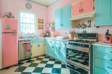 Fototapeta premium Retro kitchen with pastel colors and vintage fridge.